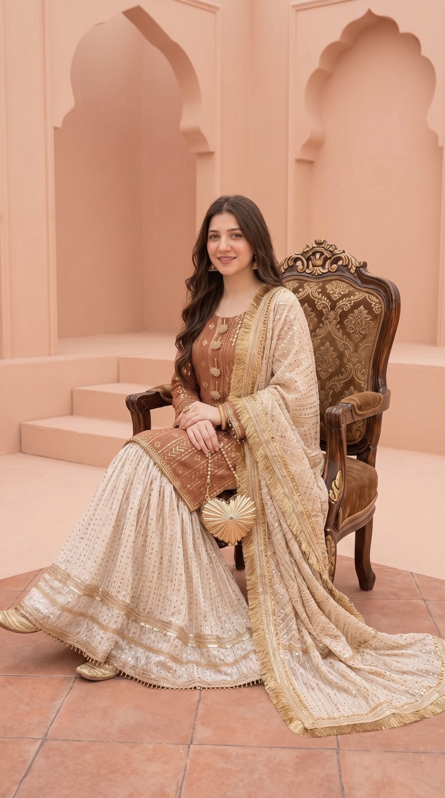 Rust Brown Chiffon Embroidered Gharara Set – Festive Elegance Sale