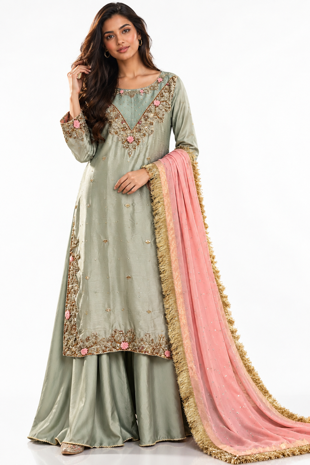 sage green — Handworked Pakistani 3-Piece Statement Ensemble