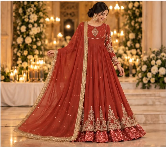 Burnt Orange Hand-Embroidered 3-Piece Pakistani Ensemble