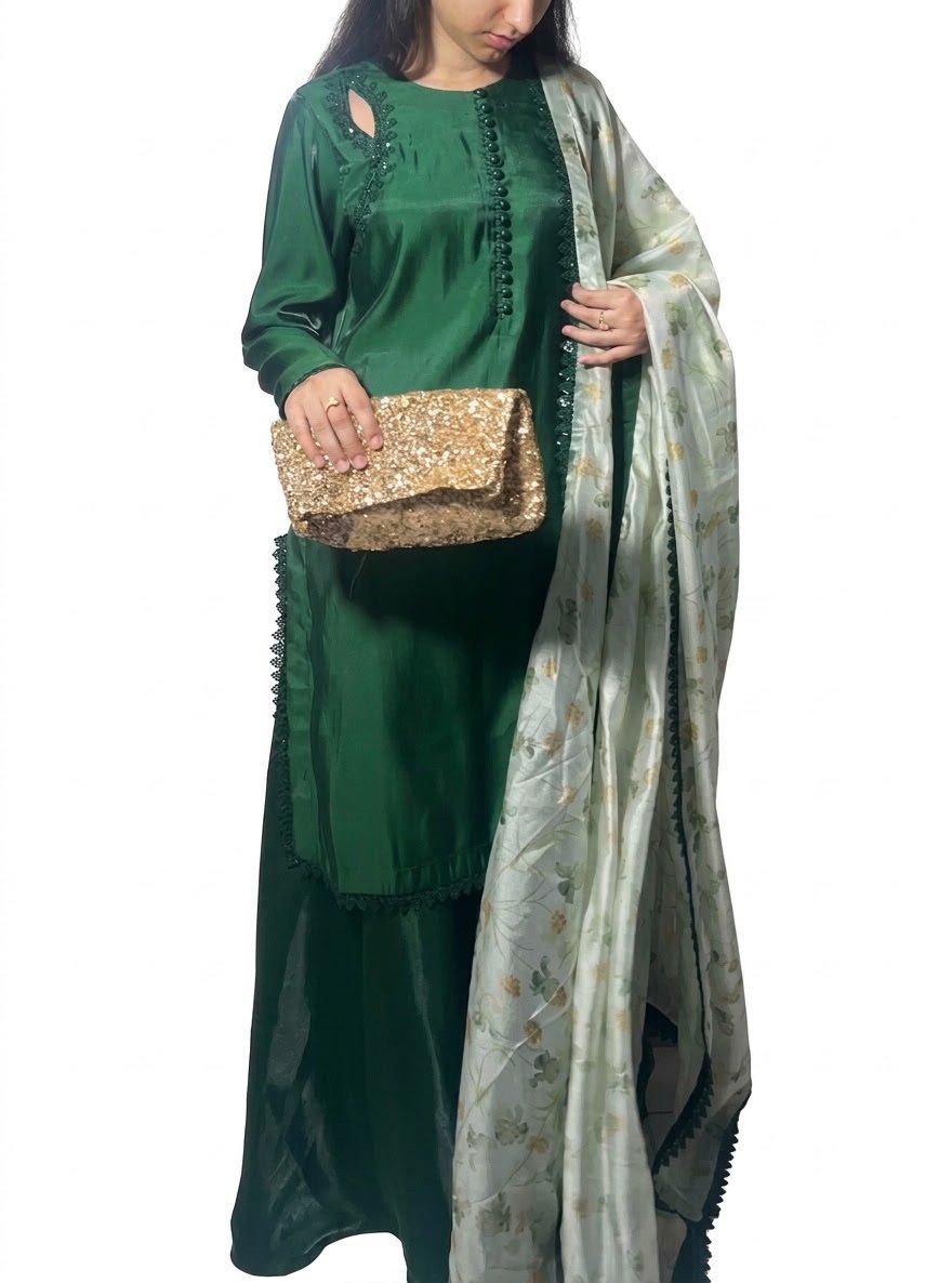 Emerald Green Cotton Silk Wide-Leg Ensemble