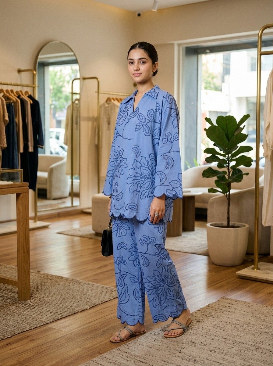 Blue Embroidered Cotton Two-Piece cordset