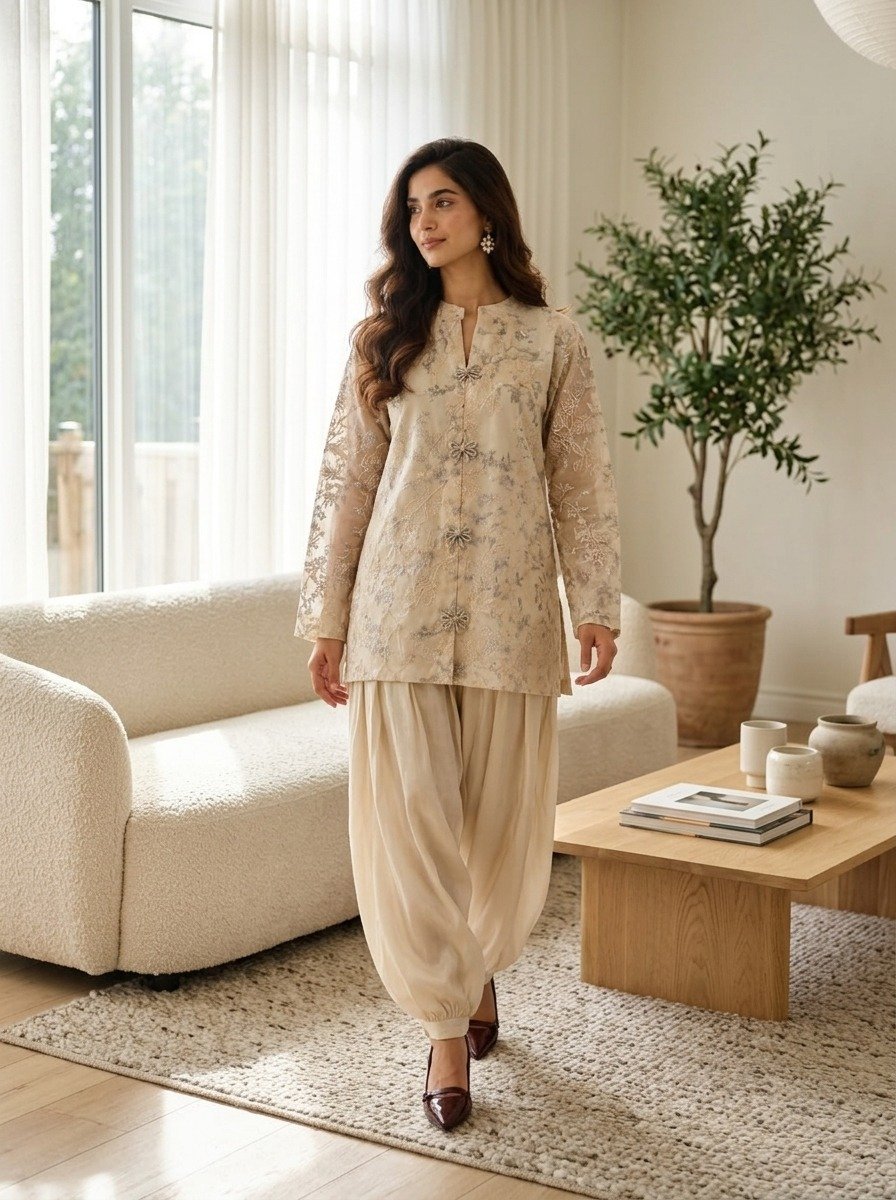 Ivory cutdana Embroidered Jacket & Silk Balloon Pants