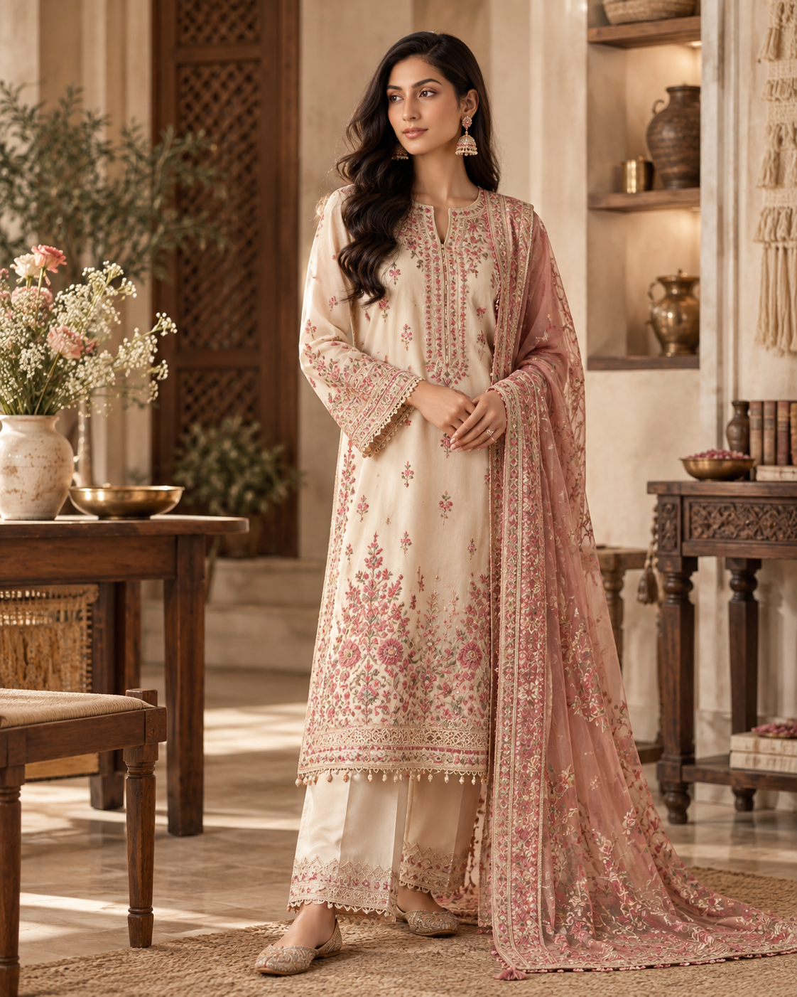 Woman wearing an elegant Pakistani embroidered outfit