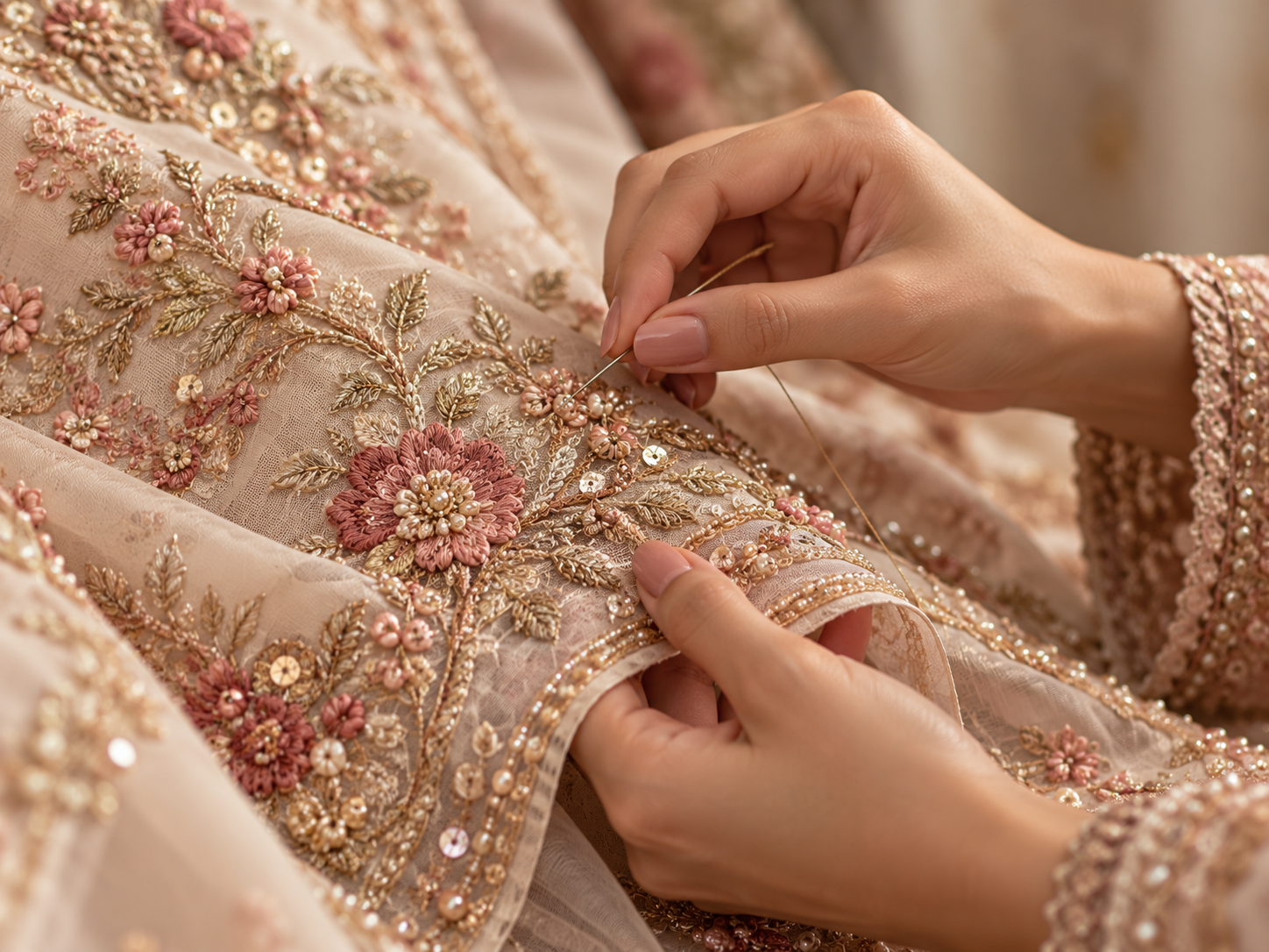 Close-up of handcrafted embroidery work