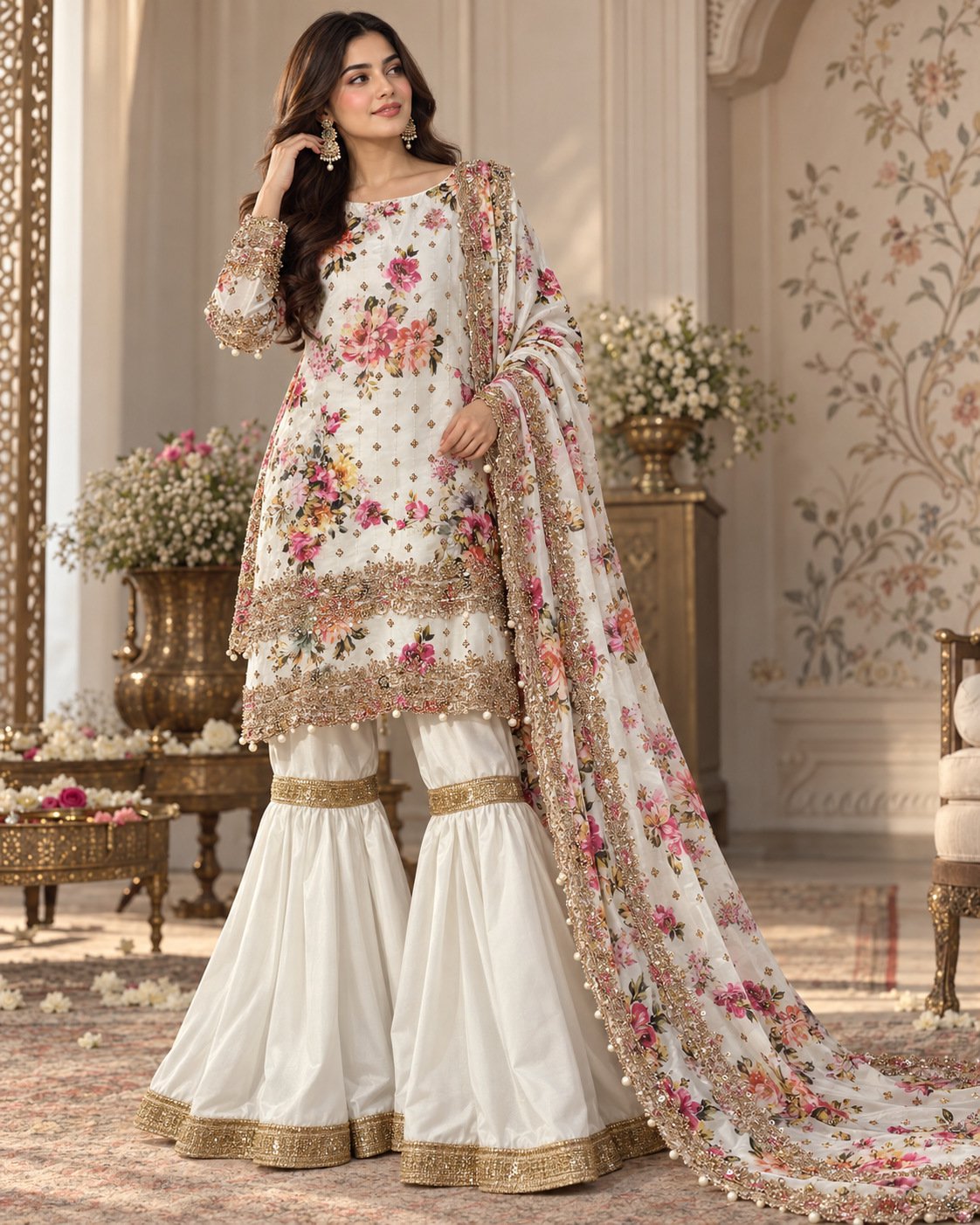 Ivory Bloom — Floral Embroidered Silk 3-Piece Ensemble