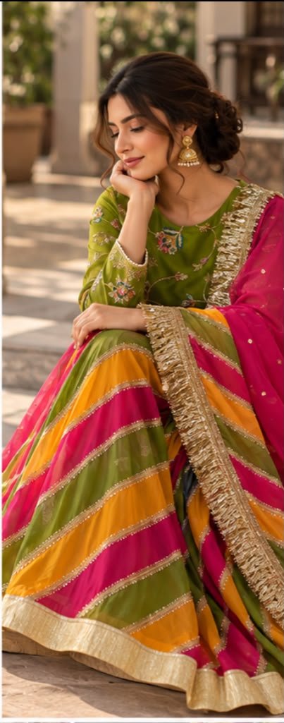 Mehndi Muse – Hand-Embroidered Green Gharara Set with Multicolor Dupatta