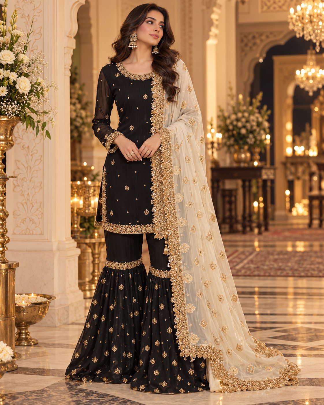 Noir Black n Ivory — Pure Banarasi Chiffon 3-Piece Ensemble