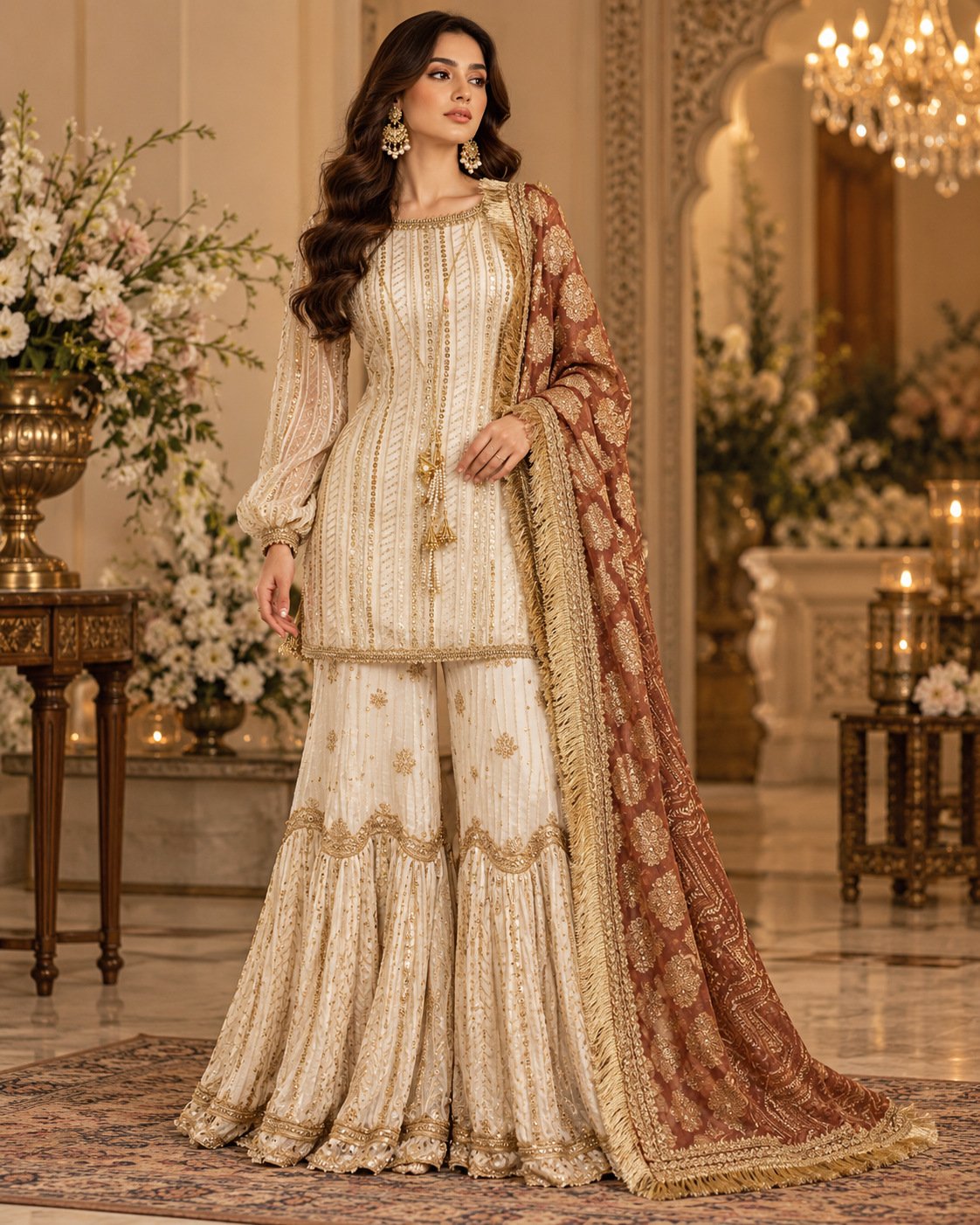 Royal Mocha — Premium Embroidered Chiffon 3-Piece Ensemble